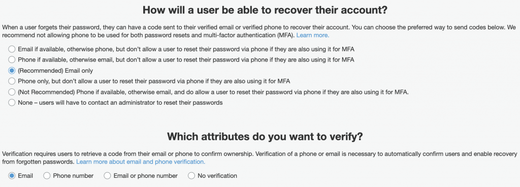 AWS Cognito User Pool User Account recovery