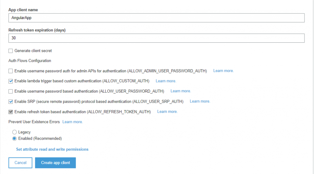 AWS Cognito User Pool setup App Clients