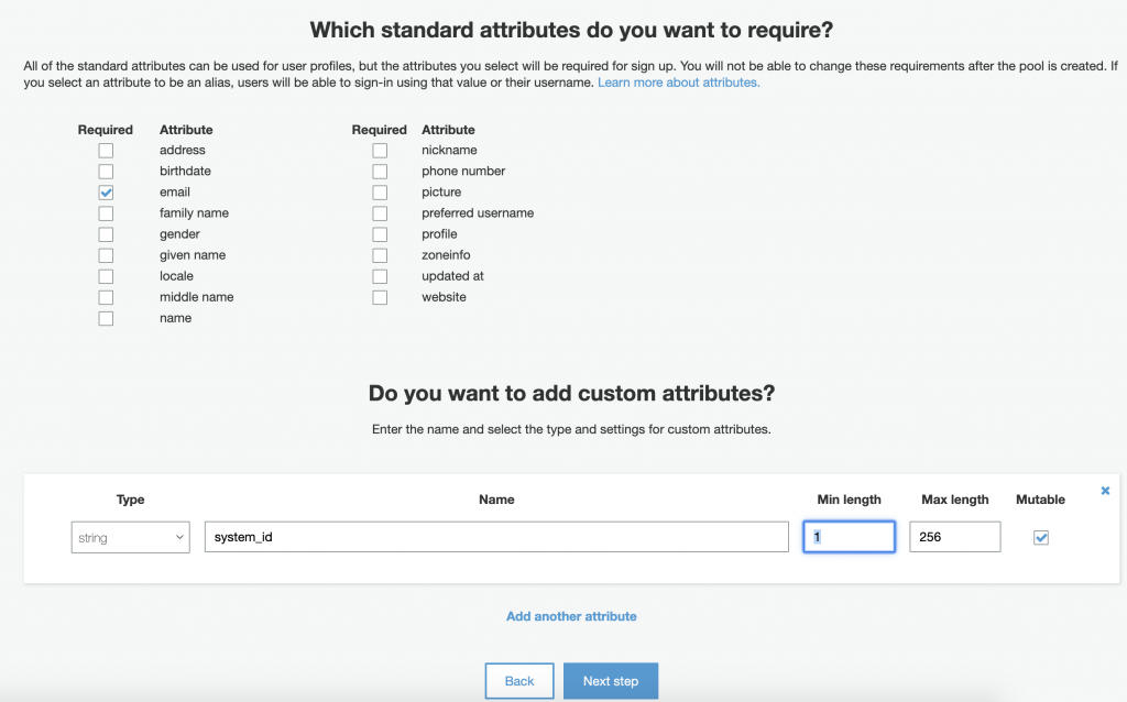 AWS Cognito User Pool Attribute options