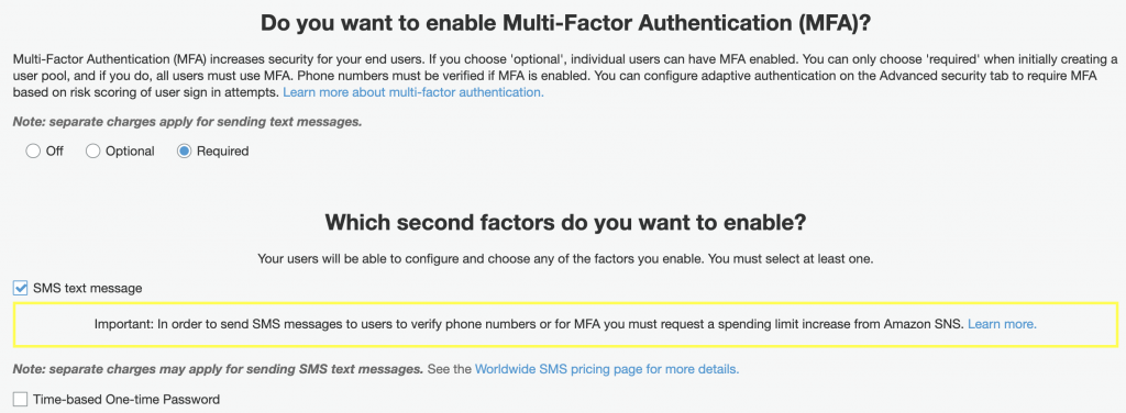 AWS Cognito User Pool Multi-Factor Authentication