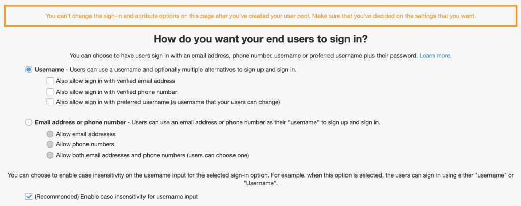 AWS Cognito User Pool Sign In options