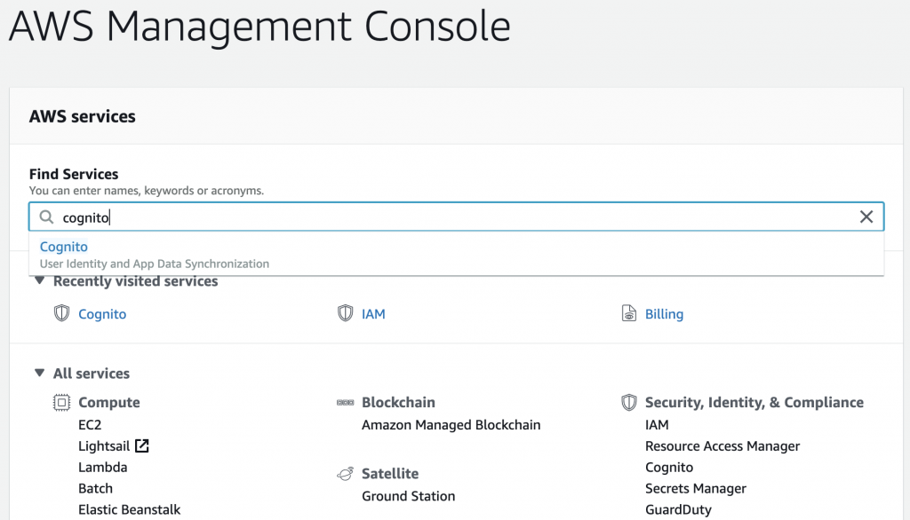 AWS Console Dashboard Find the service Cognito