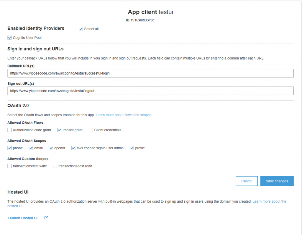 AWS Cognito App client for Implicit flow
