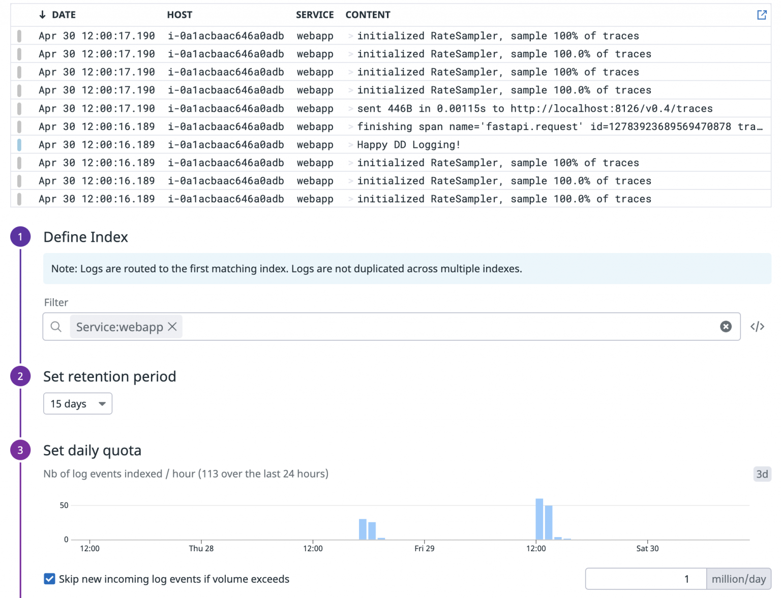 Datadog Log Indexes and Facets YippeeCode