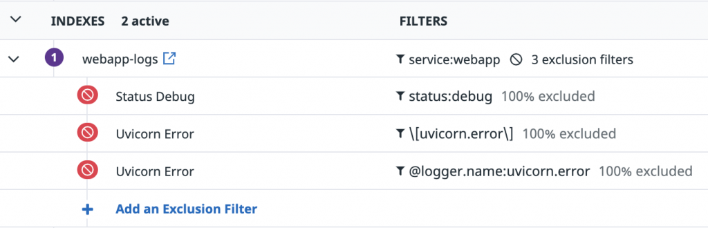 Datadog Indexes Exclusion rule